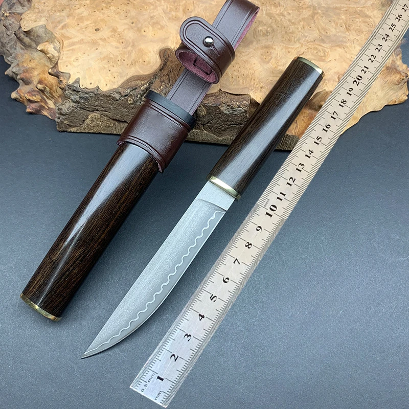 RHON 3.85inch High Carbon SKD11 Straight Knife Premium Outdoor Camping Surivial Fixed Blade Knives Ebony Wooden Protect Sheath