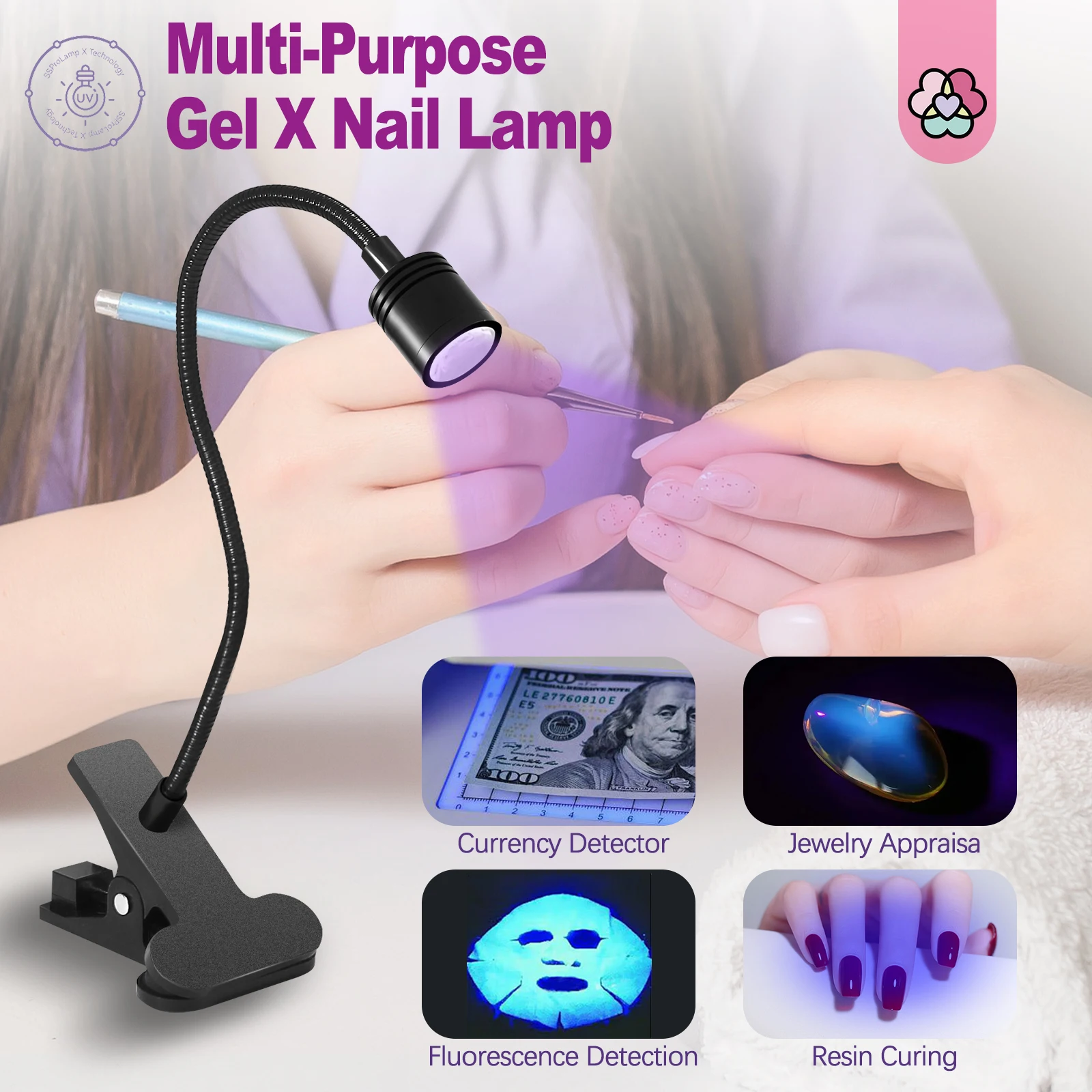 โคมไฟยูวีสำหรับทำเล็บแบบคอหงม Saviland 5W, 360 °   ไฟ LED ปรับระดับได้แบบแฮนด์ฟรีสำหรับการบ่มเจลเร็ว 10 วินาที สำหรับงาน DIY