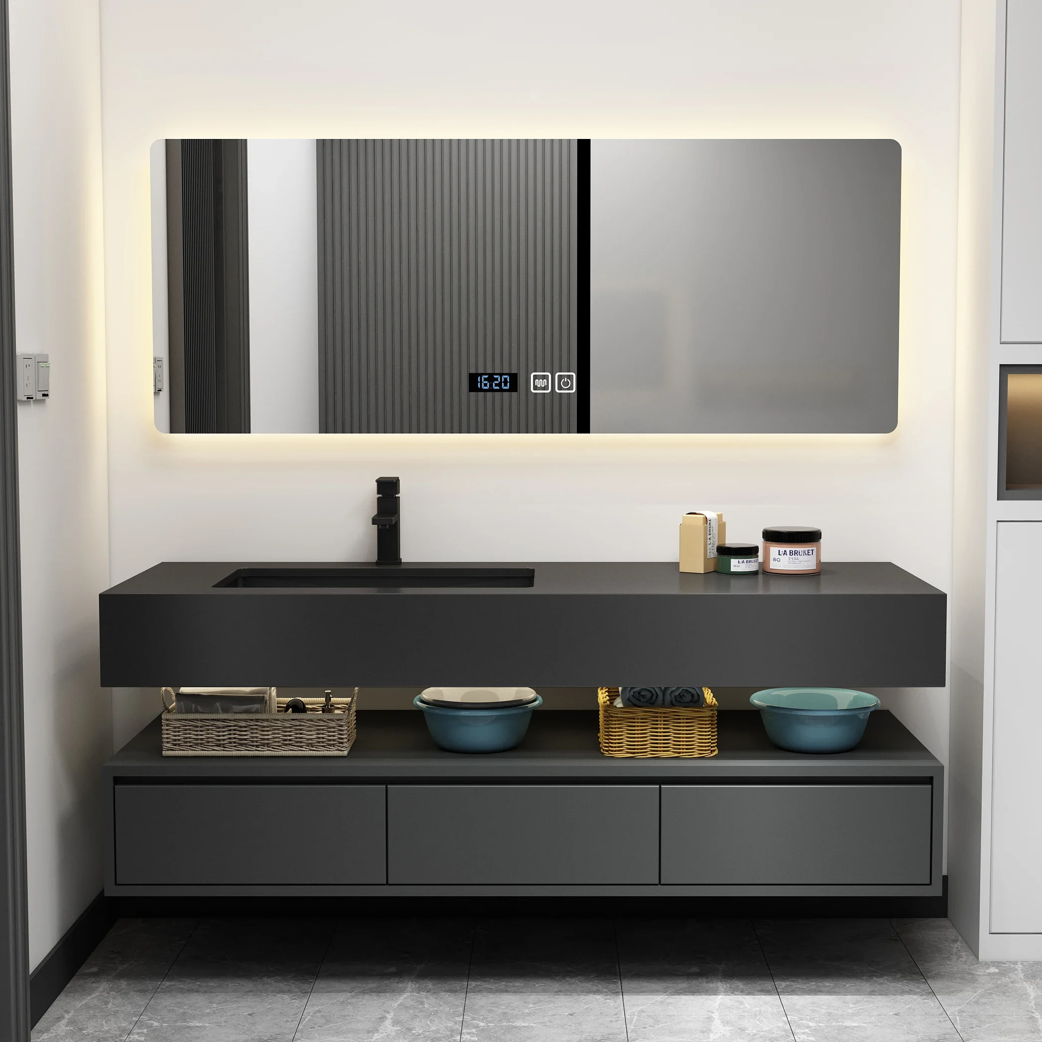 Luxury Modern Matte Black Floating Bathroom Vanity Mirror Cabinet Wall Mounted Bathroom Cabinet Set