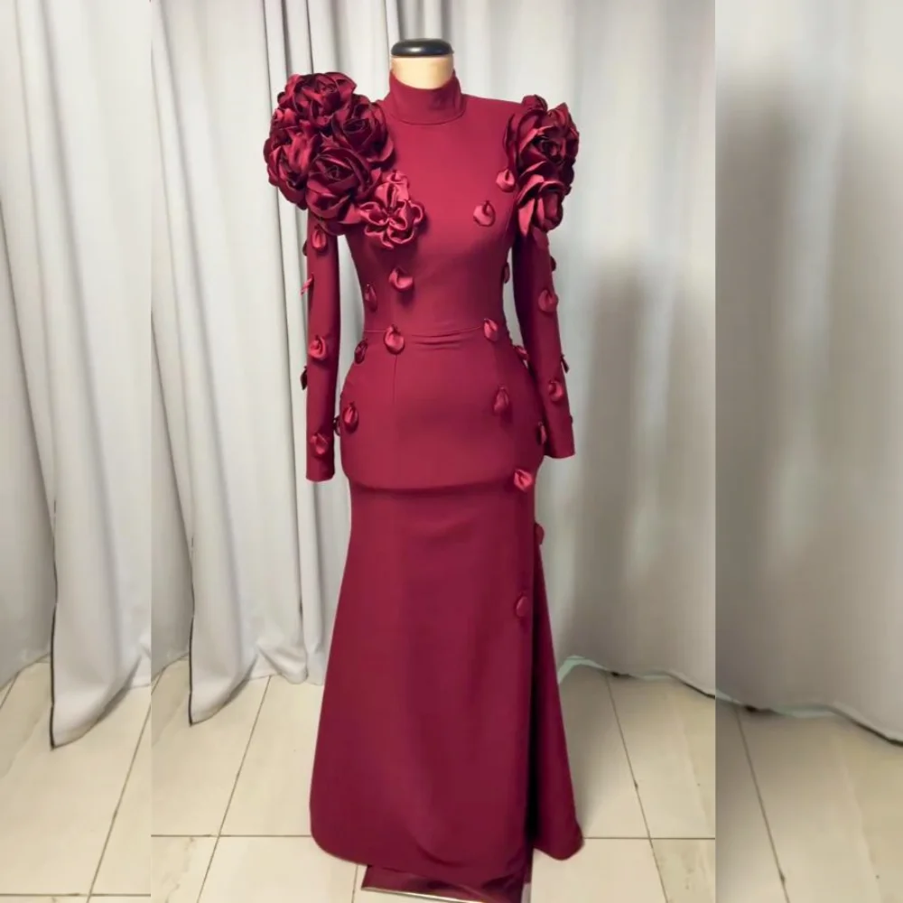 

Customized Jersey Handmade Flower High Collar Mermaid Long Dresses Bespoke Occasion Wedding Party Gown Exquisite Formal