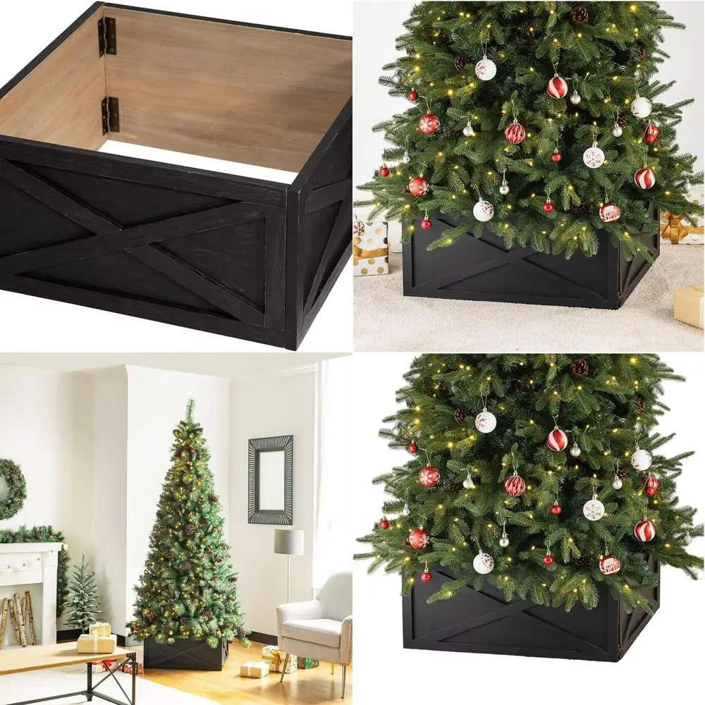 

7.5ft Artificial Tree Collar, 22 Washed Black Wooden Base Cover, Christmas Tree Skirt