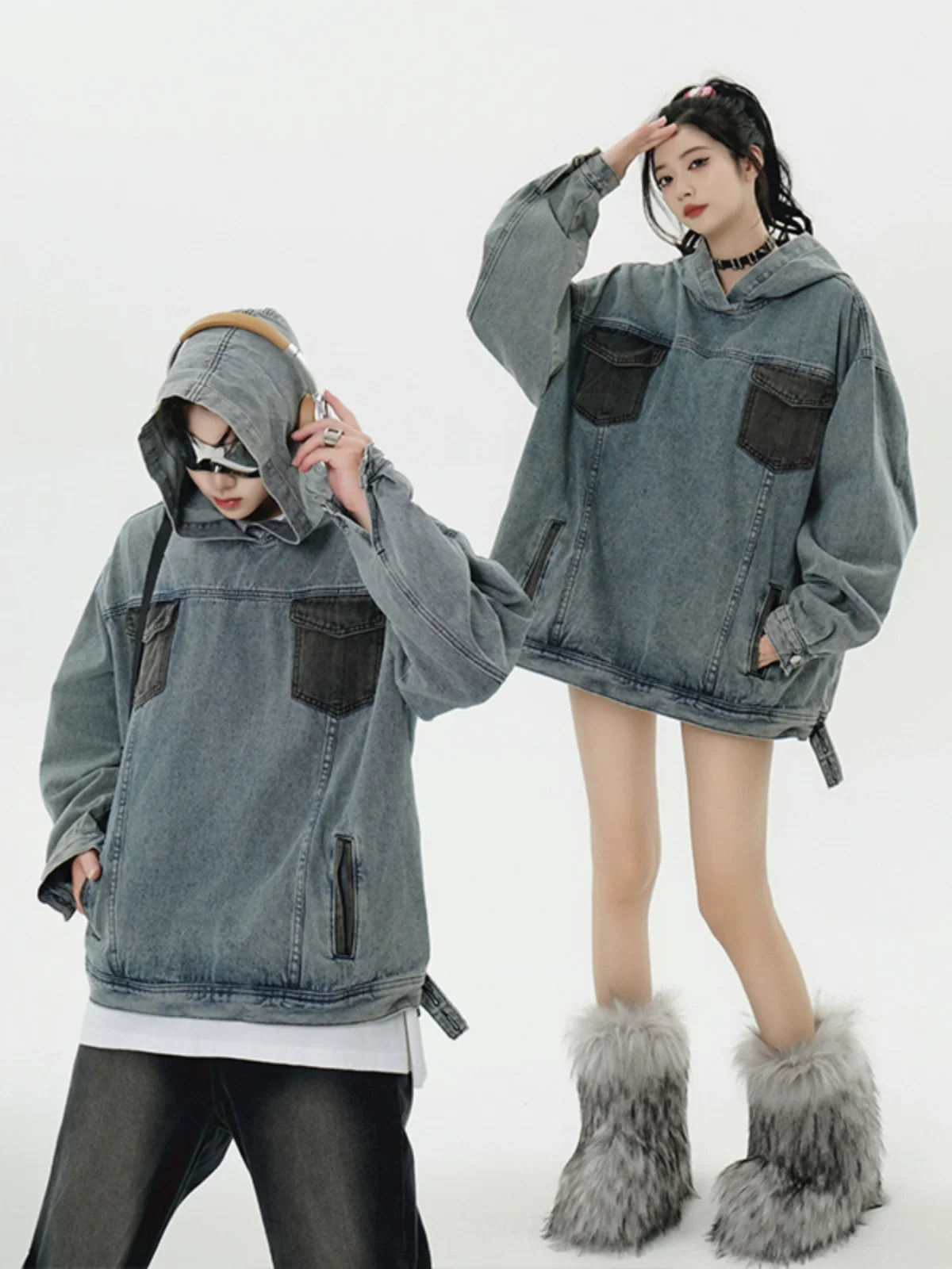 

Trendy Versatile American High Street Retro Denim Sweatirt ex Oversize Couple Tops Outerwear Loose Fit Long Sve Poly...