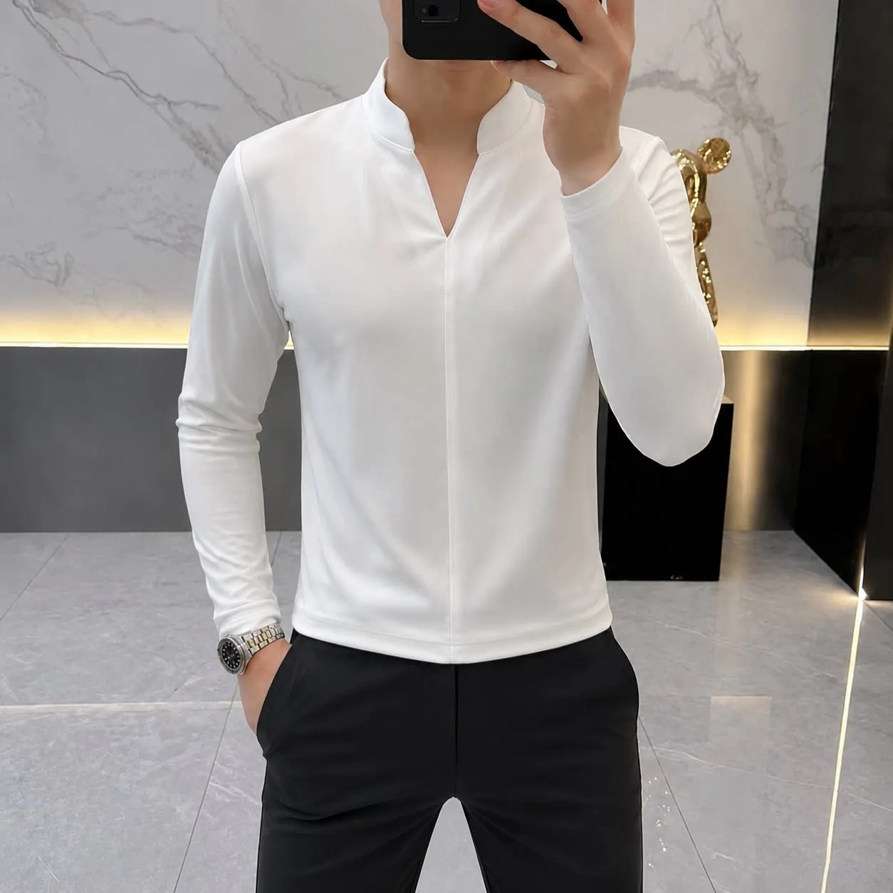 Autumn Winter V-neck Long Sleeved T-shirt for Men Solid Color Slim Fit Base Shirt Casual Business Social T-shirts Men Clothing