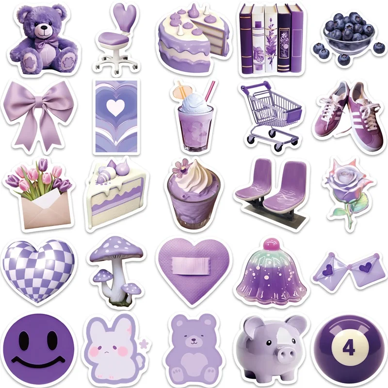 10/30/56PCS Kawaii Purple Color PVC Sticker Aesthetic Hand Accounting DIY Decoration Scrapbooking Korean Stationery Supplies