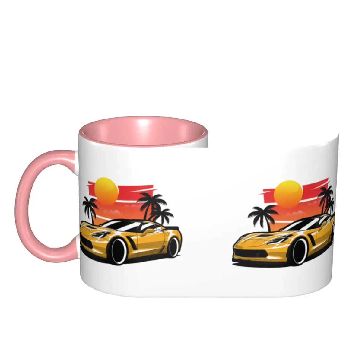 Yellow Corvette Z06 Sunset Palms Mug Funny Ceramic Coffee Cups Tea Mugs Milk Cup Drinkware Gift for Friends DIY Custom