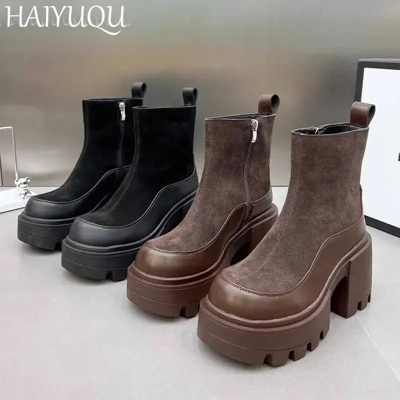 Women Platform Ankle Boots Suede High Heels Leather Shoes Woman Trend Fashion New Snow Chelsea Boots Goth Winter Mujer Botas