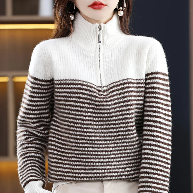 Autumn and Winter New Pure Cashmere Sweater Round Neck Stripe Colored Half Zip Pullover Wool Knitted Bottom Top for Women