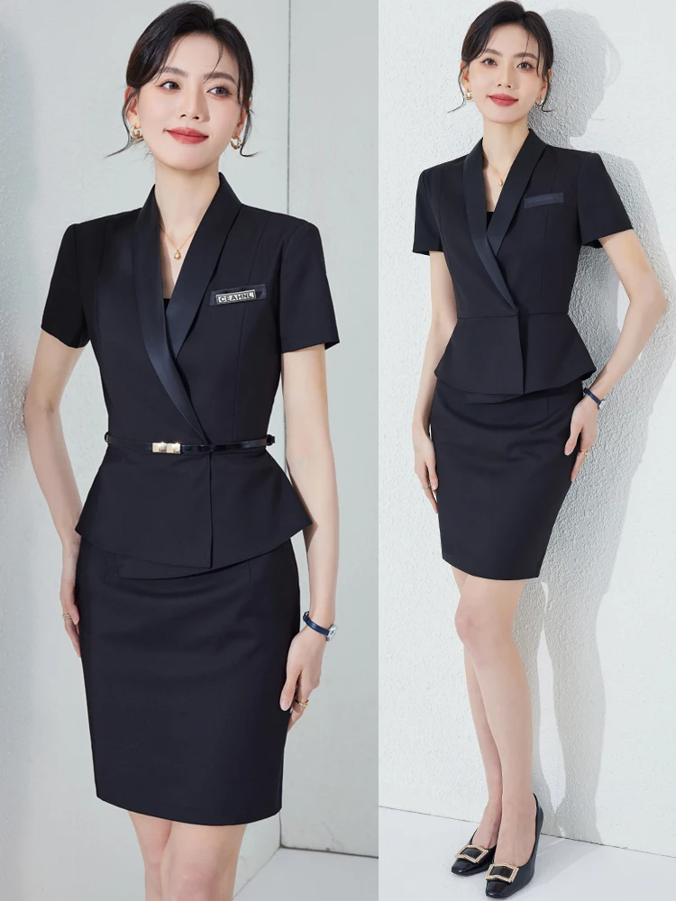 Summer Thin Suit Set for Women Professional Beauty Salon Jewelry Store Gold Shop Hotel Work Uniform Short Sleeve Formal Wear