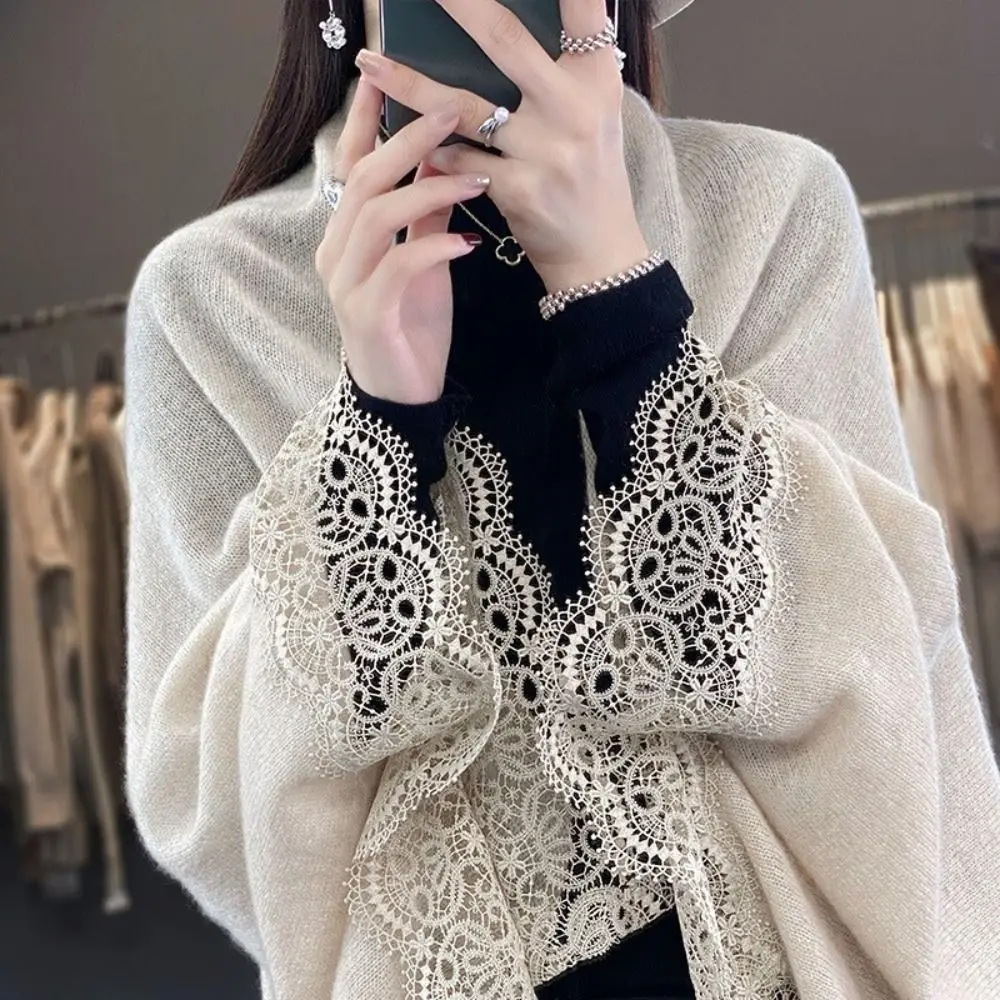 Trendy Women Wool Knitted Shawl Skin Friendly Breathable Cardigan Top Spring Autumn Luxury Brand Design Lace Edge Scarf