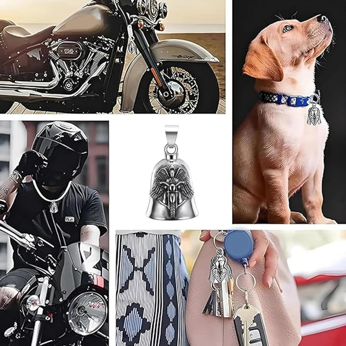 Retro-style metal motorcycle pendant, with a bell-shaped design engraved with a winged motorcycle pattern. - view 4