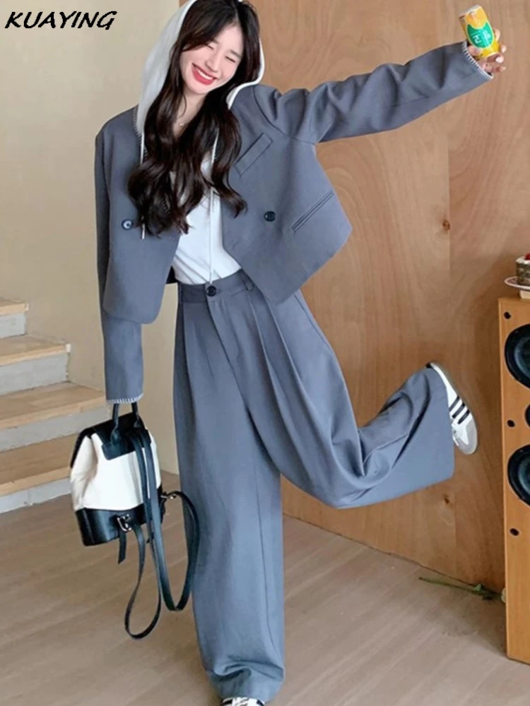 Autumn Casual Blazer Pantsuits Detachable Hooded Jackets Wide Leg Pants Business Work Wear Two-pieces Set Female Formal Clothes