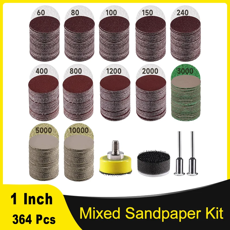 

1 Inch Mixed Sandpaper Kit 364 Pcs with Backing Pad Soft Interface Pad 60-10000 Grits Grinding Abrasive Sanding Disc for Wood