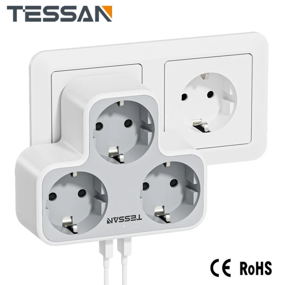 TESSAN Portable Multi Plug Adapter with 3 Sockets 2 USB Charging Ports European Plug Wall Socket Power Strip Overload Protection