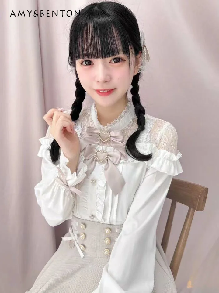 Japanese RJ New Sweet Double Bow Lace Splicing Off Shoulder Long-sleeved Shirt Mine Mass-produced Cute Lolita Shirts Autumn New