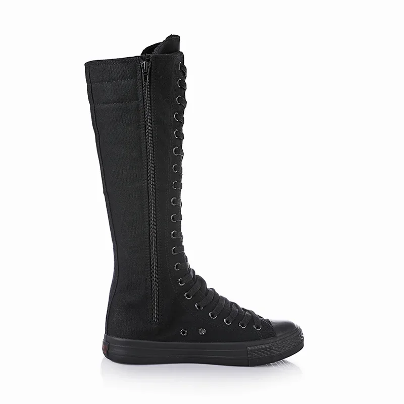 New Fashion Women\'s Canvas Boots Lace Zipper Knee High Boots Boots Flat Shoes Casual High Help Punk Shoes Girls