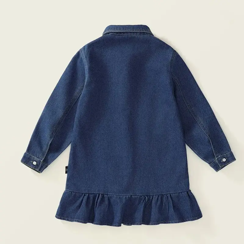 2024 Autumn Baby Girls Denim Skirt Fashions Children'S Clothing Long Sleeve Buttons Lapel Kids Dress Loose Casual Costume 2-7Y