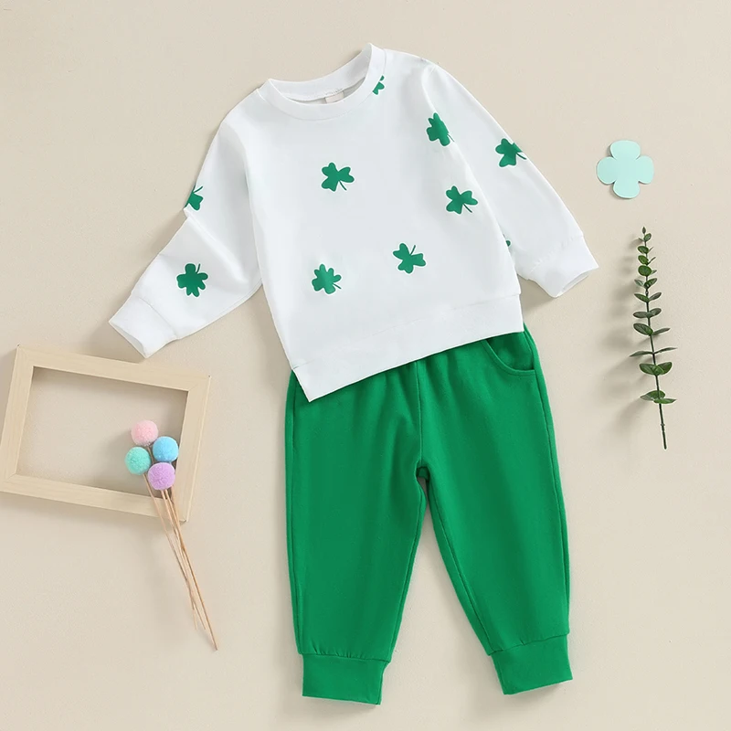 

Girls Fall Outfit Set Long Sleeve Four Leaf Clover Print Sweatshirt and Green Casual Pants for Toddlers