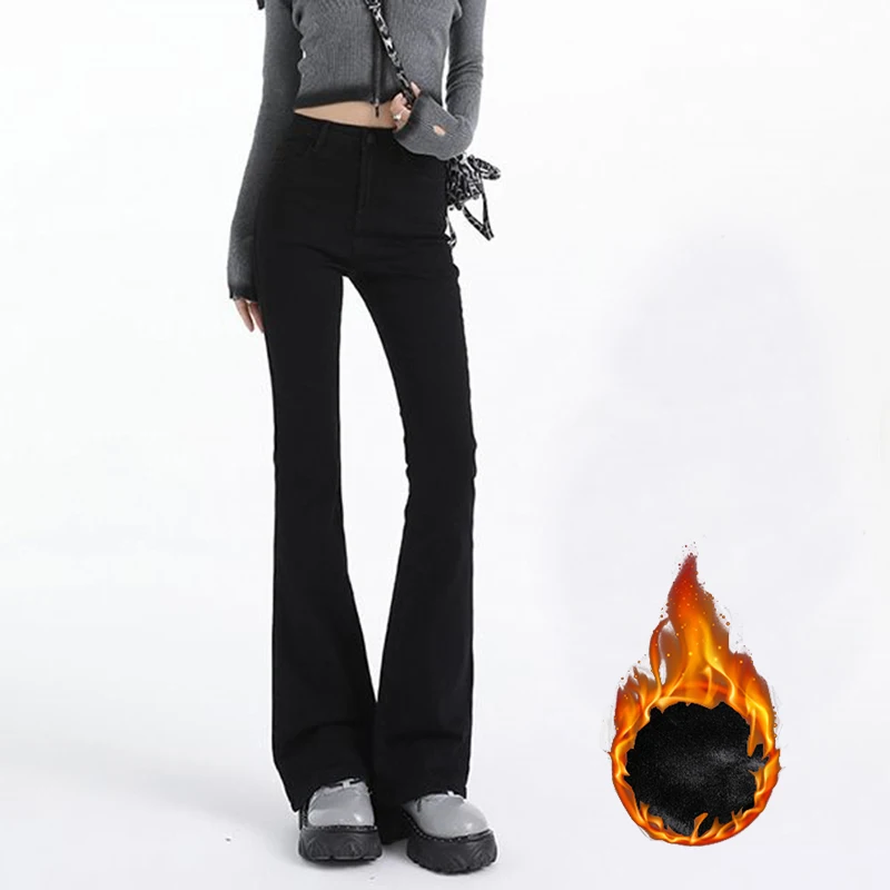 Jeans svasati a vita alta in peluche termico chic da ragazza invernale Pantaloni coreani in denim sottile da donna Pantaloni con fondo a campana in pile caldo da neve