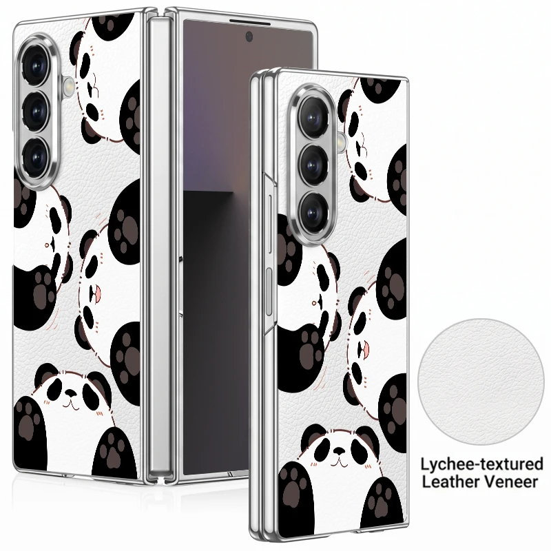 Cute Panda Pattern PU Leather Phone Case For Samsung Galaxy Z Fold 7 6 5 Fold7 Fold6 Fold5 Plating Frame Hard PC Folding Cover