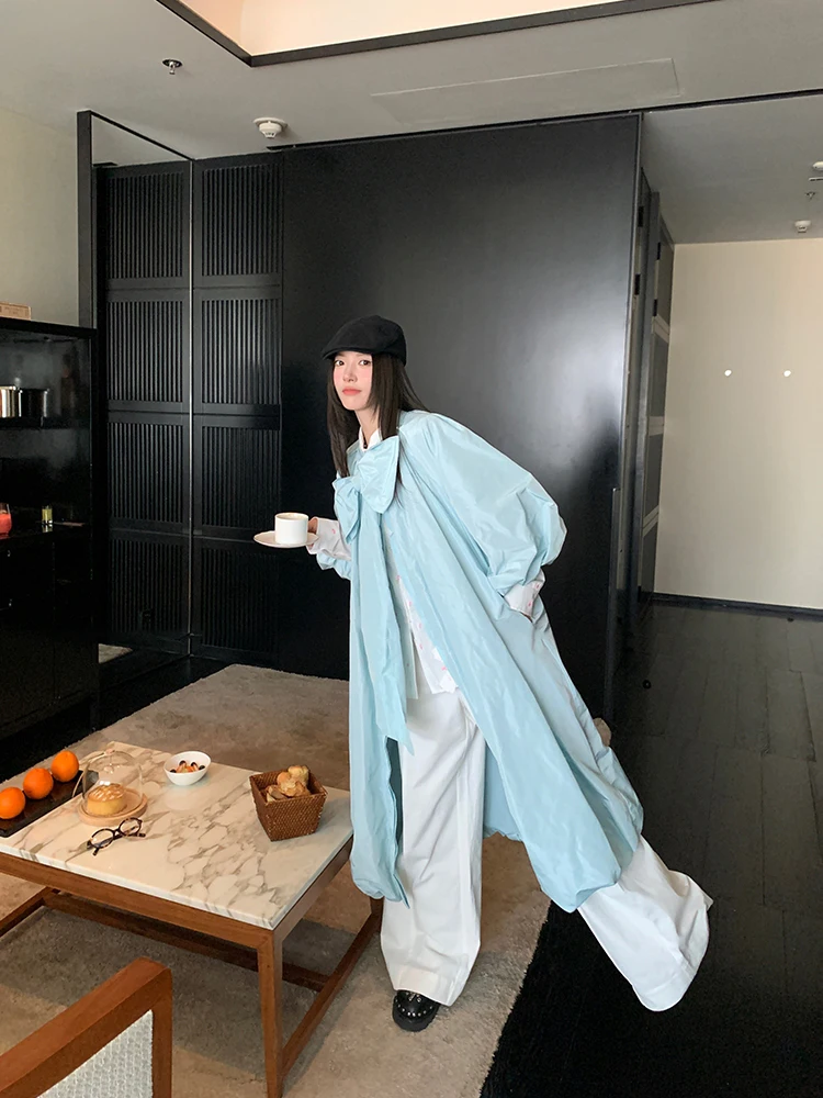 Lautaro Spring Autumn Long Cute Sweet Thin Blue Trench Coat for Women Bow Lantern Sleeve Loose Casual Chic Fashion Overcoat 2026