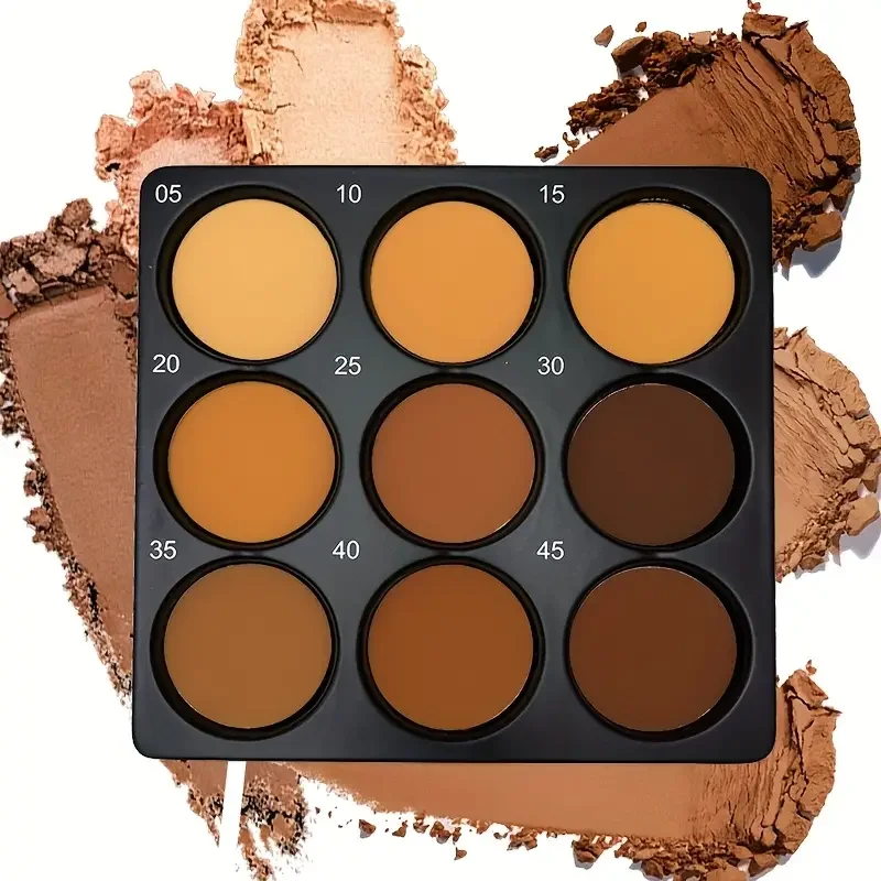 9-kolorowa paleta podkładek w kolorze ciemnego brązu, konturowanie, korektor, utrwalenie makijażu, podkład kontrolujący wydzielanie sebum, cień do powiek, paleta cieni do nosa, matowy naturalny z delikatnym brokatem