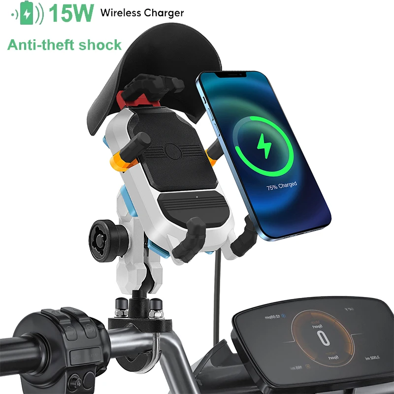 Upgrade 15W Wireless Charging Motorcycle Phone Holder Fast Charger Bike Anti-theft Shockproof Smartphone Stand Cellphone Support