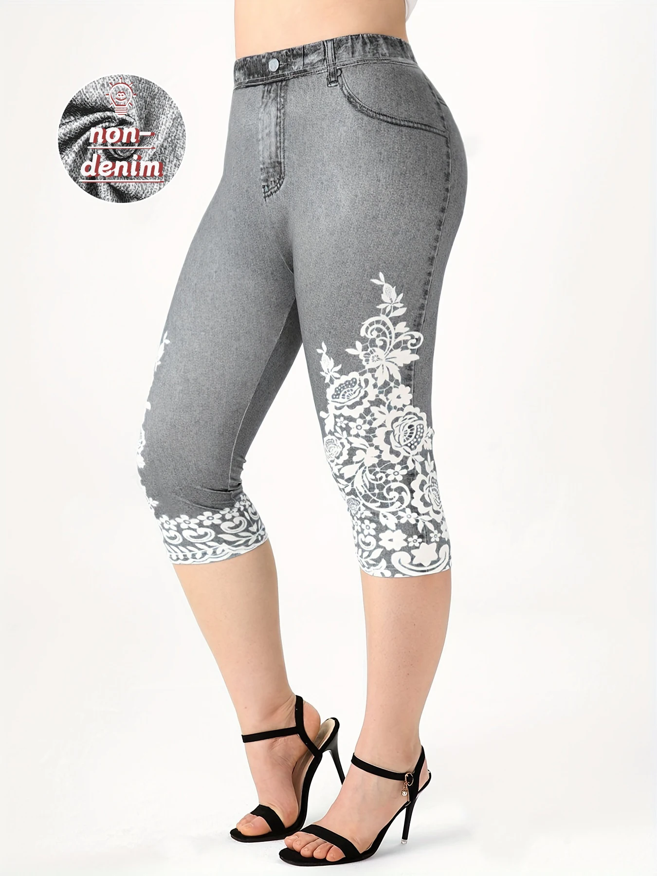 Plus Size Dames Imitatie Denim Bedrukt Strakke Capri Hoge Elasticiteit Gebreide Mode Casual Legging