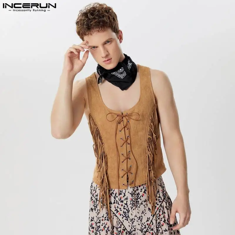 INCERUN Tops 2024 American Style Fashion Men\'s Front Middle Strap Design Vests Male Personality Patchwork Tassel Tank Tops S-5XL