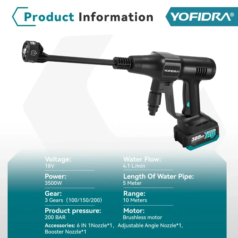 Yofidar 200bar sem escova de alta pressão lavadora carro pistola água 6 em 1 limpeza jardim lavagem pistola para makita 18v bateria