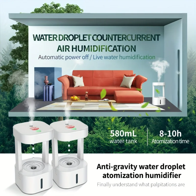 1 PC, 580ml มินิน่ารักปิดอัตโนมัติ Anti-GRAVITY หยดน้ํา Atomizing Cool Mist Humidifier-Quiet,สีสัน,ระเหย Hu