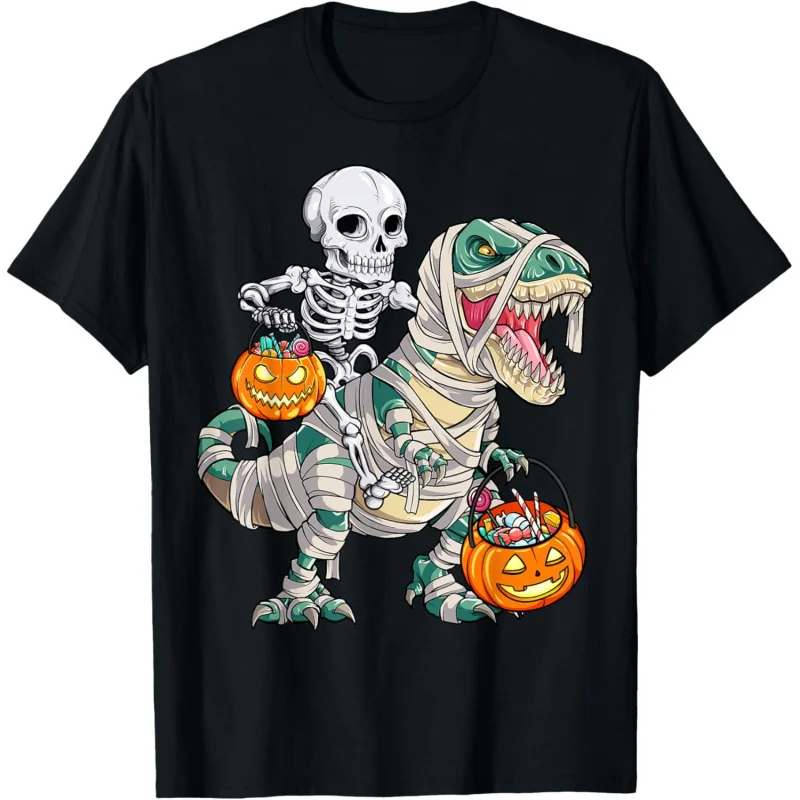 

Skeleton Riding Mummy Dinosaur Tyrannosaurus Rex Halloween Funny Pumpkin Pattern Printed T-shirt