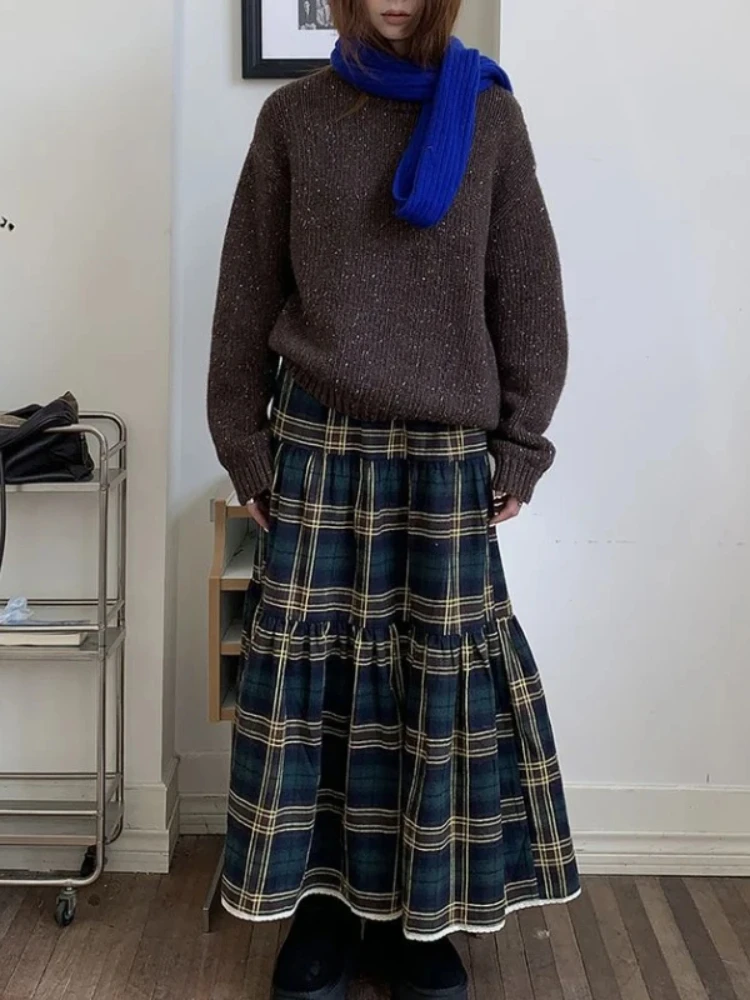 HOUZHOU Vintage Plaid Skirt Women Y2k Harajuku Japanese Preppy Style Long Checked Streetwear Retro Ruffle Skirts Aesthetics