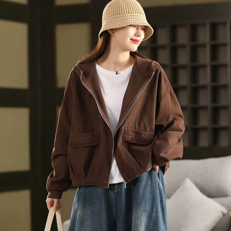 

100% Cotton Women Casual Hooded Coats New Arrival 2025 Autumn Simple Style Solid Color Female Basics Short Jackets T750