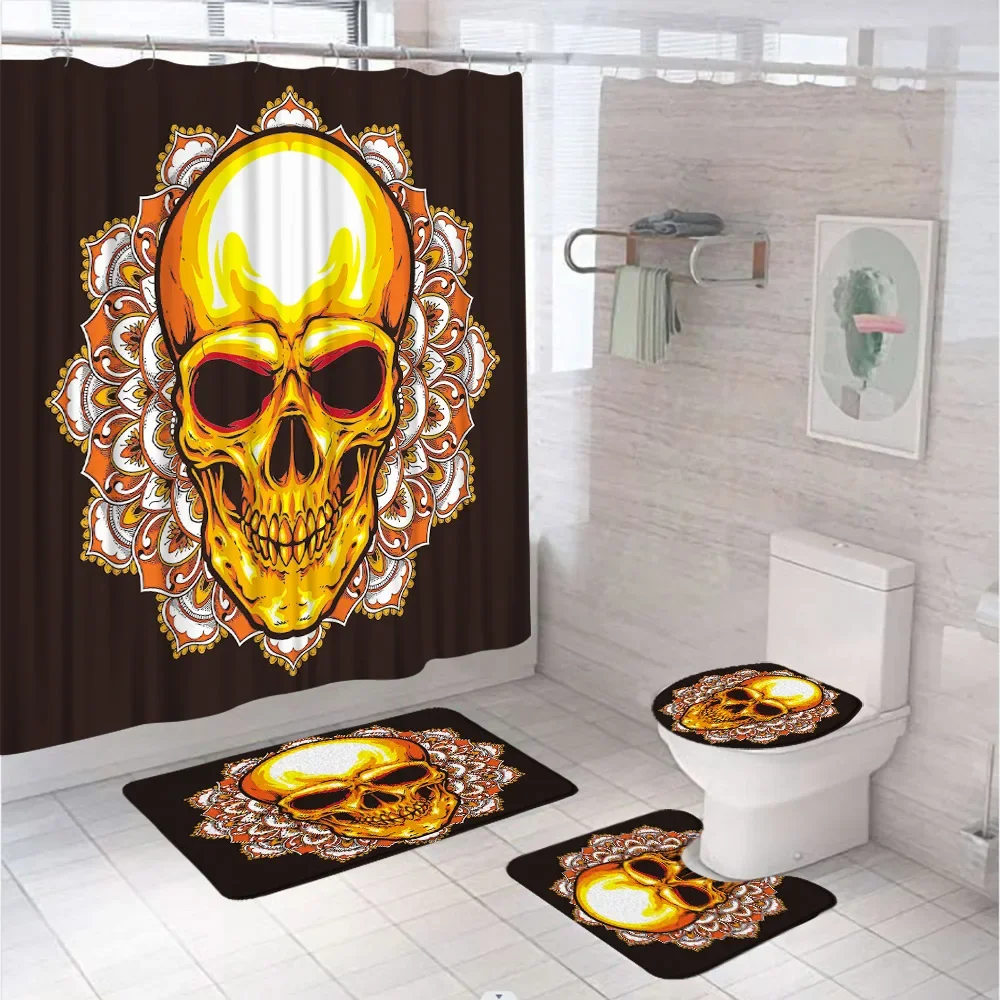 Horror Skull Shower Curtain Set For Bathroom Decor Mandala Floral Black White Stripe Non-Slip Rug Toilet Lid Cover Bath Mat Home