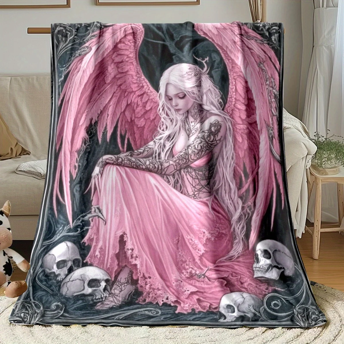 Custom Angel Blanket Pink Wings Skulls Goth Fantasy Design Personalized Name Fleece Throw All Season Soft Warm Bedding Home
