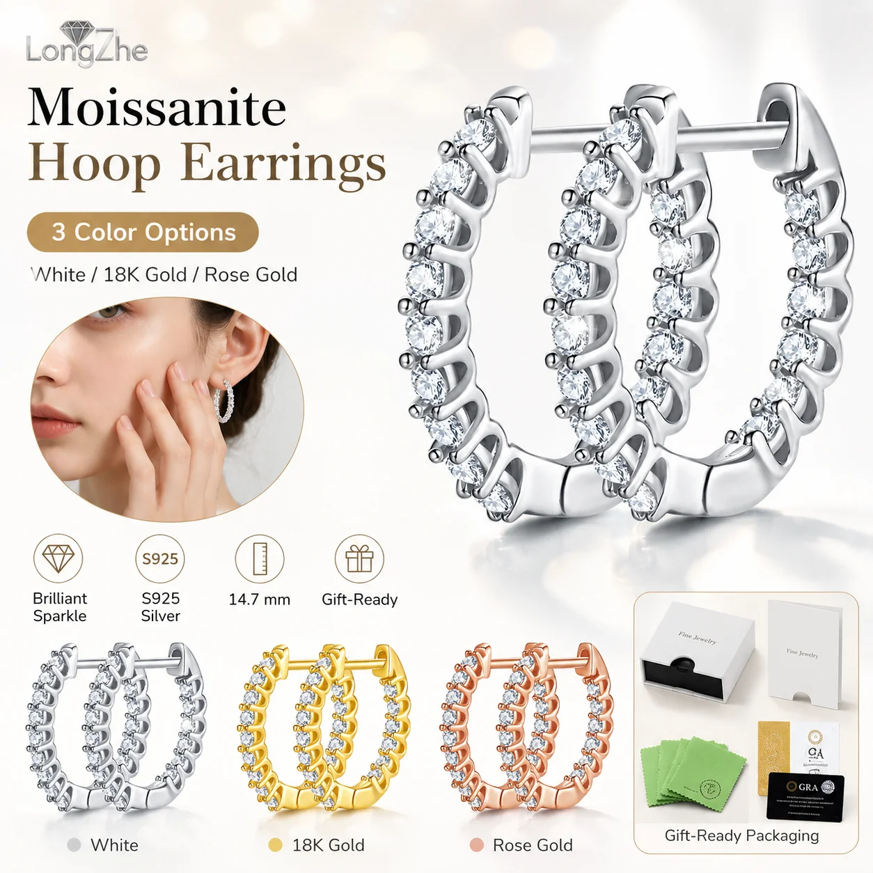 

3 Colors GRA Certified Moissanite Hoop Earrings 925 Sterling Silver Full Pave Huggie Earrings for Women