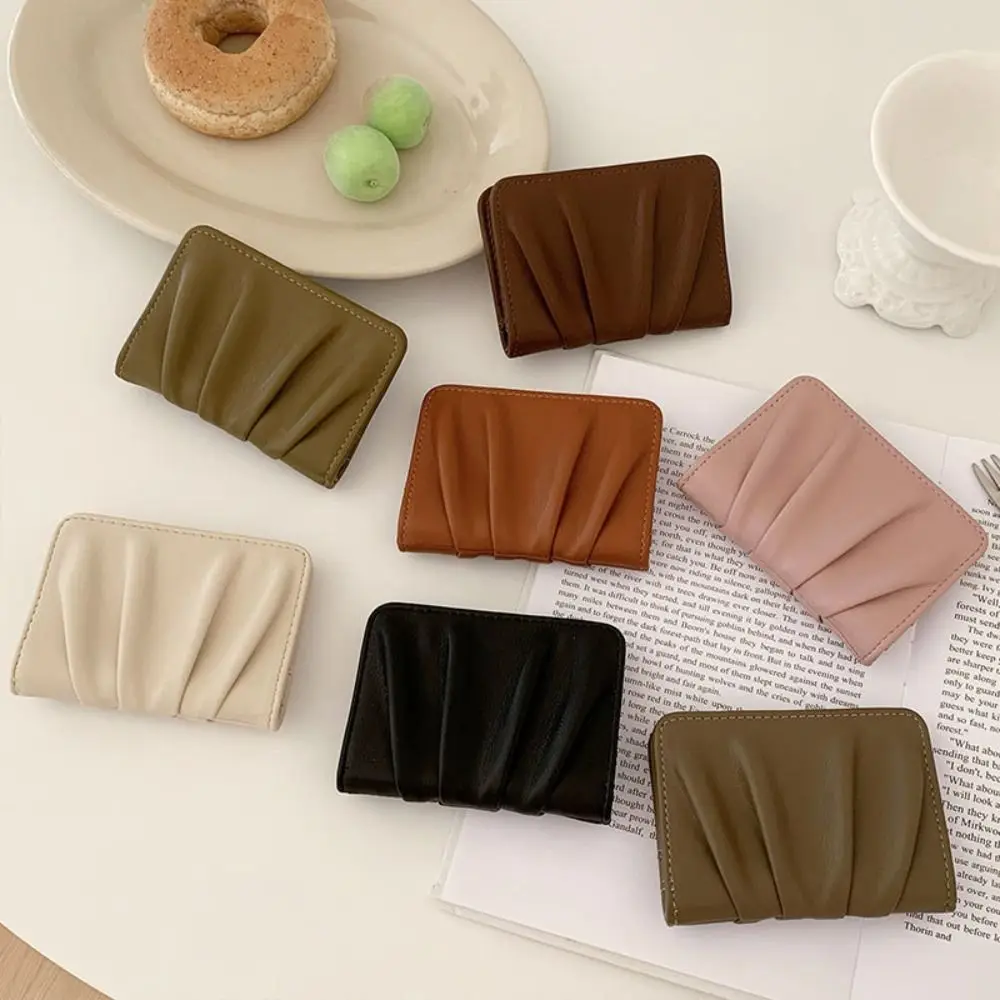 Carteras de Cuero PU para mujer, tarjeteros pequeños, monedero portátil de gran capacidad, bolsa de dinero arrugada, Color sólido, nuevo