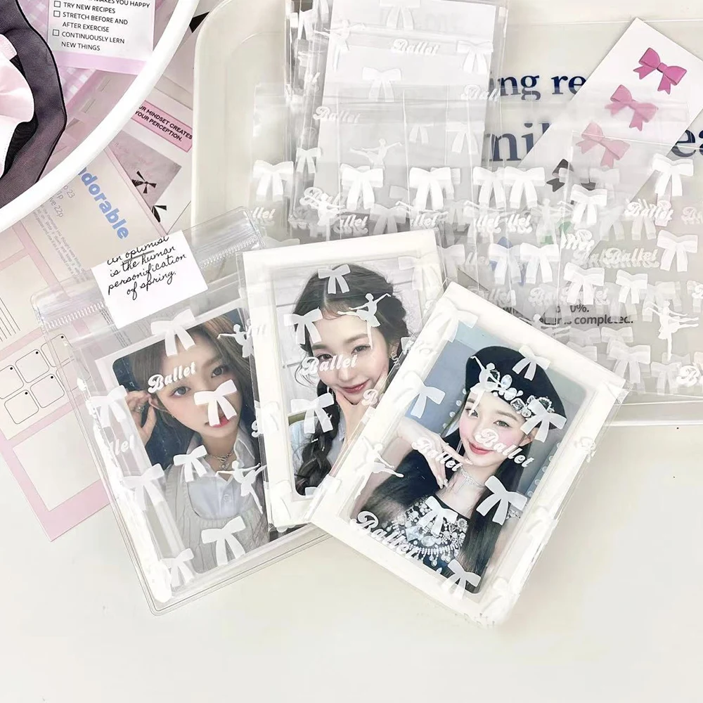 

50Pcs INS Ballet Style Photocard Protector Cute Bowknot Print Self-adhesive Opp Bags Card Sleeve Gift Packaging Self Sealing Bag