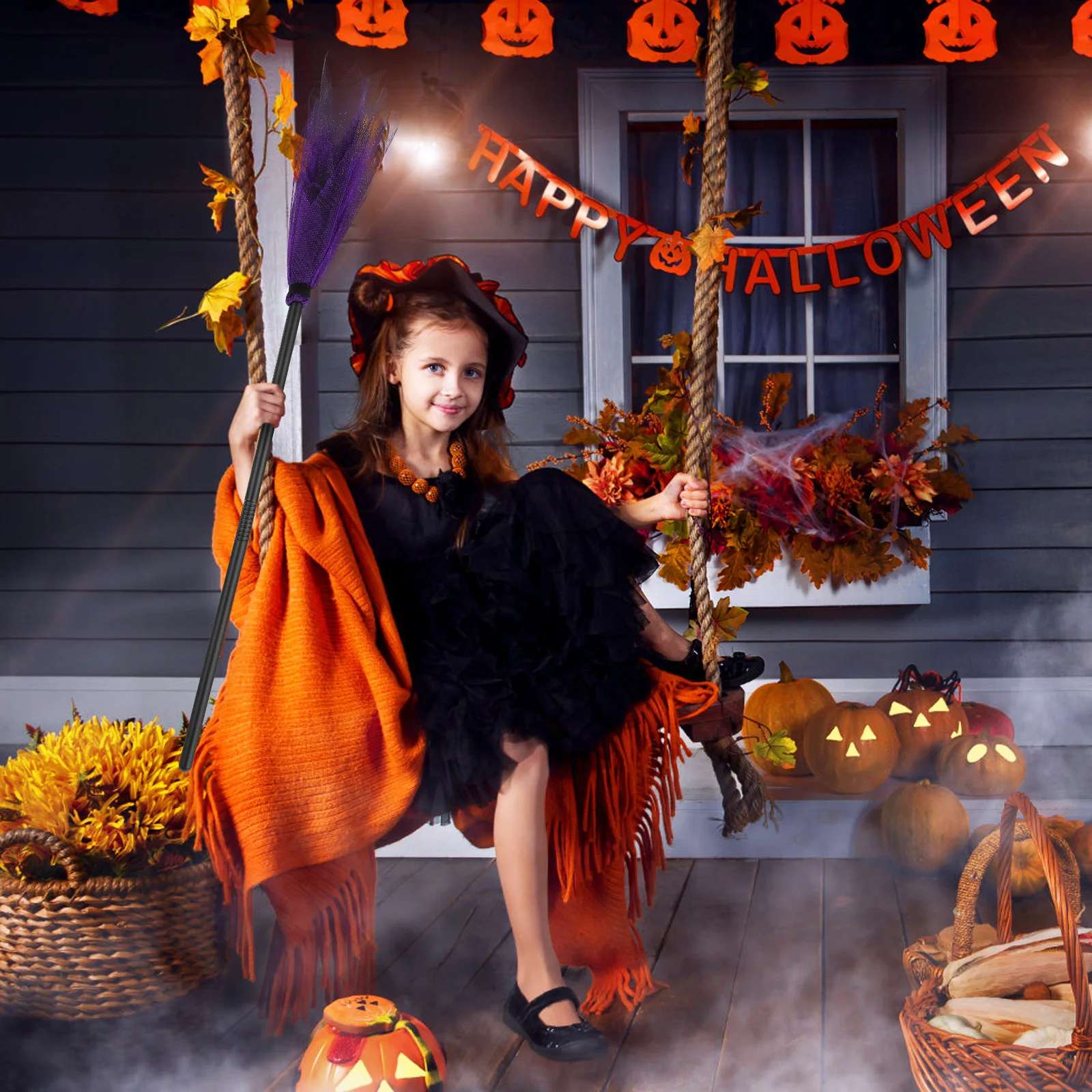 

Net Tulle Witch Broom Lightweight Portable Detachable Plastic Cloth Broomstick For Kids Women Men Halloween Party Decor