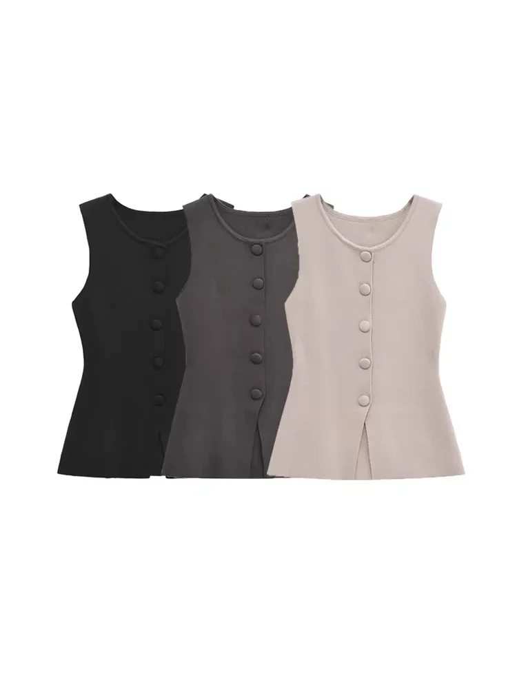 

GELITAYIN TRZA-Women's Soft Buttoned Knit Vest Sweater, O Neck, Sleeveless, Female Waistcoat, Chic Tops, Fashion