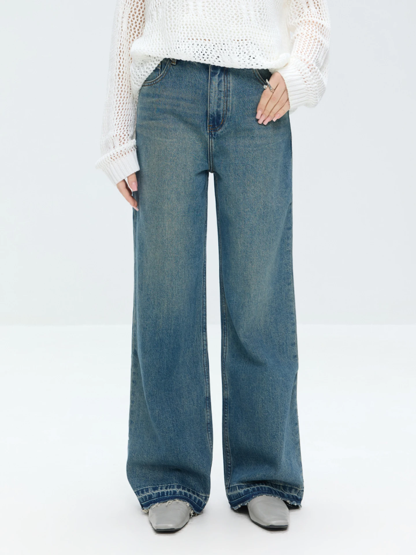 

Ретро джинсы женские синие хлопковые с высокой талией, широкими штанинами и прямым кроем, повседневные, весна 2026, комфортная посадка, классический стиль