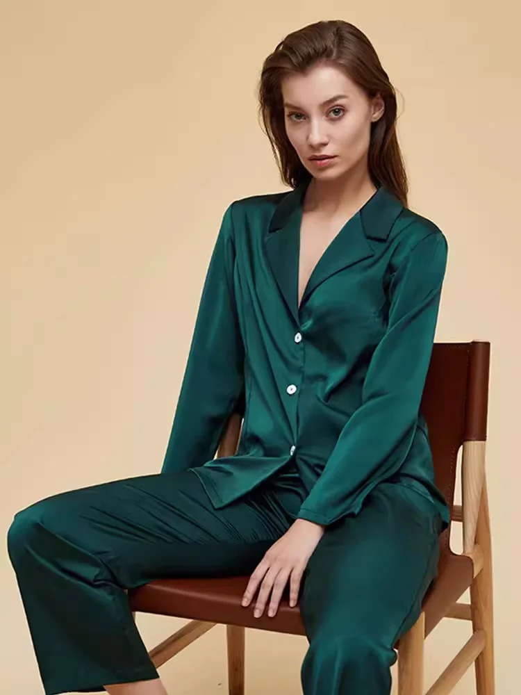 

100% mulberry Silk Womens 2 Piece Satin Pajamas Full Length Pj Lounge Sets Button Down Silk Shirts And Pants Sleepwear For Women