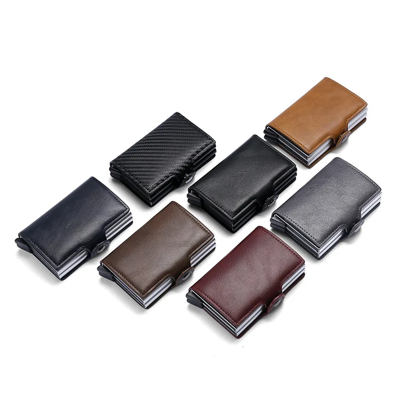 2026 New Double Layer Aluminum Card Box Men's Wear Resistant PU Leather Automatic  up Card Holder Carbon Fiber Pattern Wallet