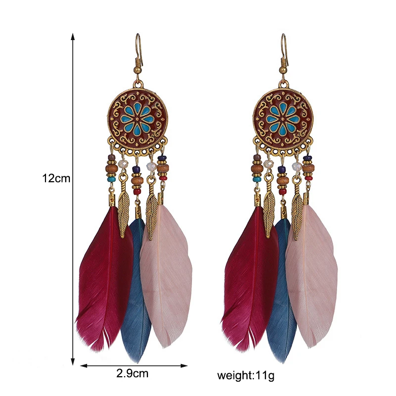Boho Lange Feder Baumeln frauen Ohrringe Strand Lange Quaste Perlen Handgemachte Blume Emaille Ohrringe Braut Hochzeit Pendientes Mujer – Detail 1