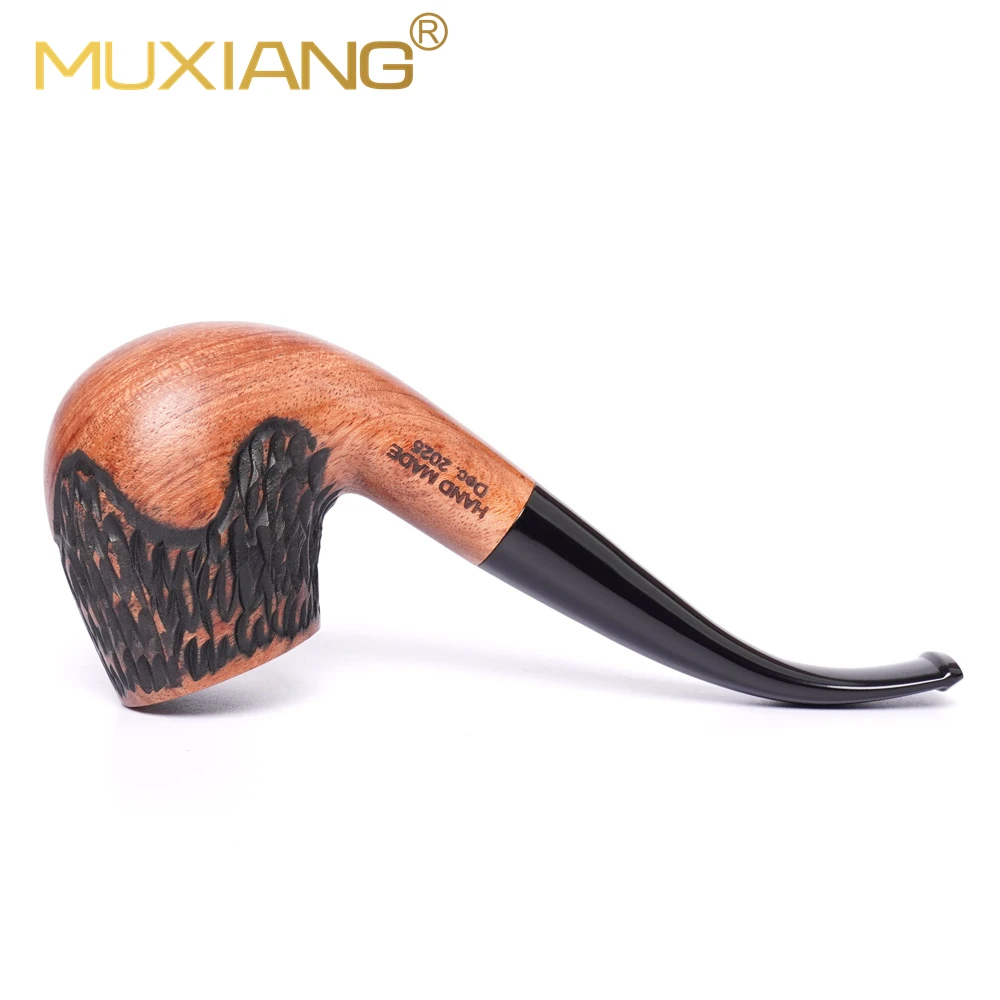 MUXIANG Handmade Rosewood Pipe Retro Carved Texture Curved Stem 9mm Filter Premium Solid Wood Tobacco Pipe For Men