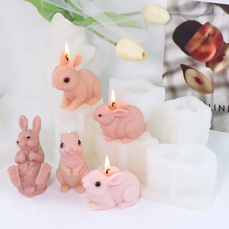 3D Flauschige Hasen-Silikonform für Kerzen, Mehrposen-Häschen-Wachsform für DIY-Harz