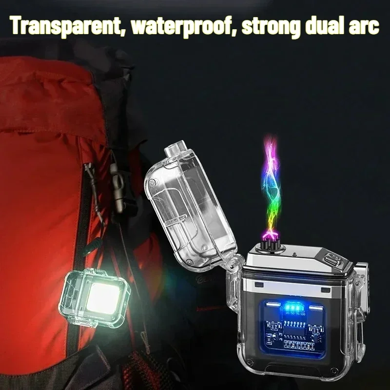 NEW Waterproof  Windproof Lighter Electric Flashlight Transparent Plasma ARC USB Rechargeable Lighters Outdoor Camping Gift