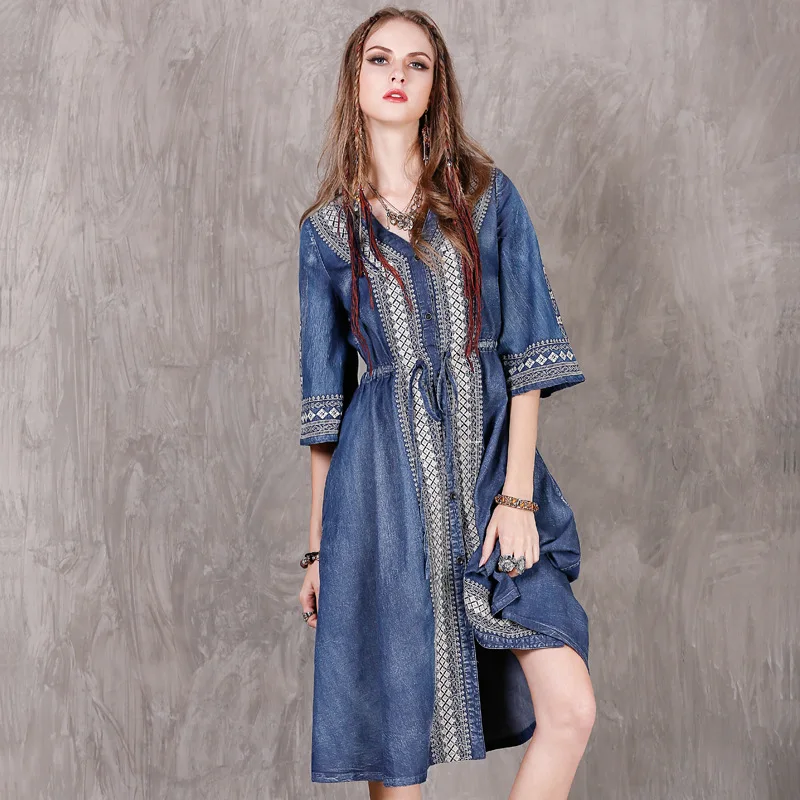 Half Sleeve Casual Loose Denim Dress Women Summer Flower Vintage Embroidery Boho Long Maxi Dress Blue Ethnic Style Rope Waist