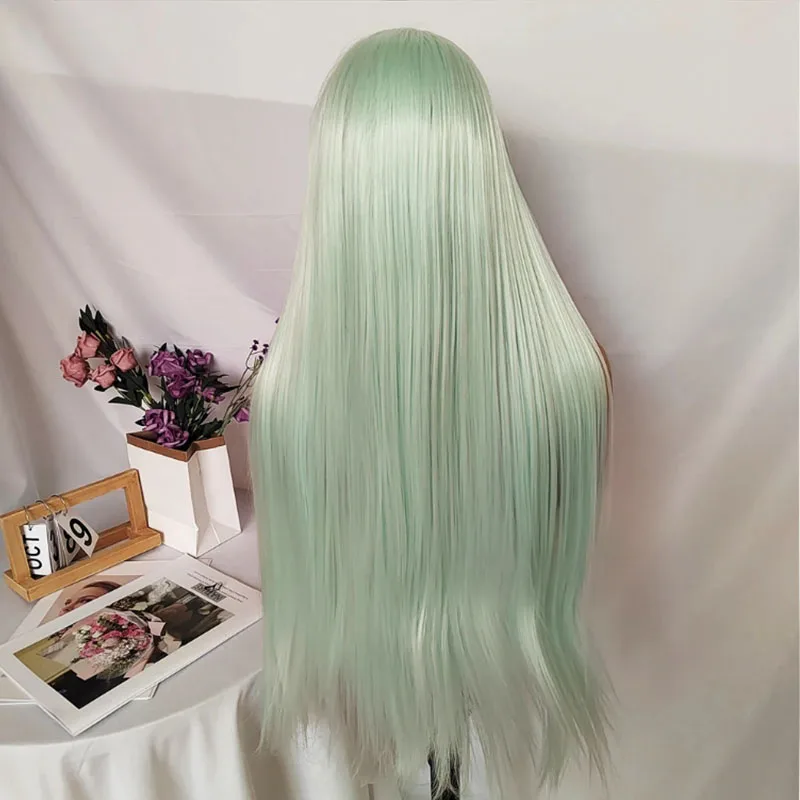 26インチ ナチュラルブラックカラー ロングルーズウェーブ 13x4 レースフロントウィッグ 合成ミントグリーン グルーレスフロントレース交換用ウィッグ