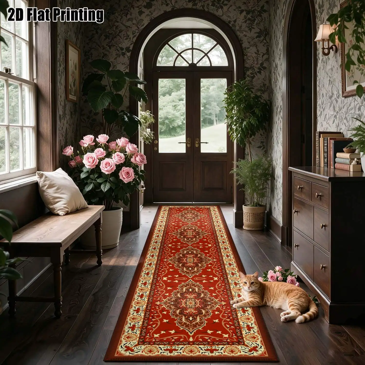 1Pc 2D Printed Long Strip Runner Rug Retro Floral Rug, European-Style, Geometric Floral, Bohemian Style, Home Decor Rug, Multi-Size, Machine Washable, for Entryway, Hallway, Living Room, Bedroom.